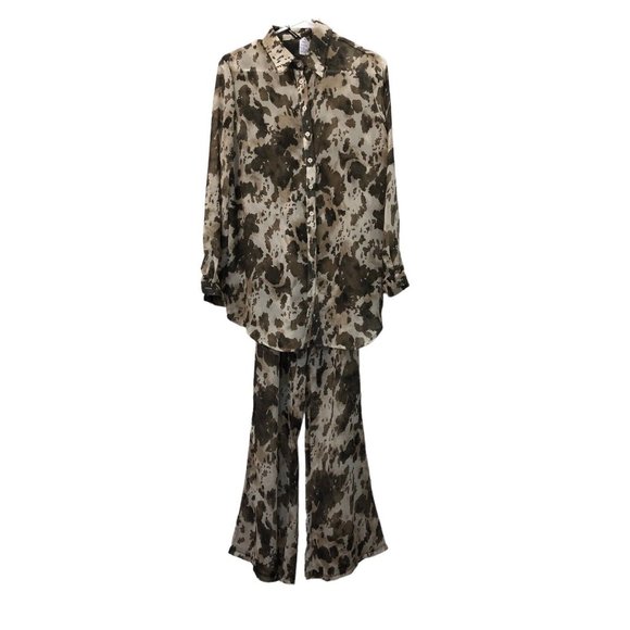 SOLD Pretty Little Thing Cow Print Beach Flare Pants And Shirt 90S Style Sheer - Picture 5 of 11